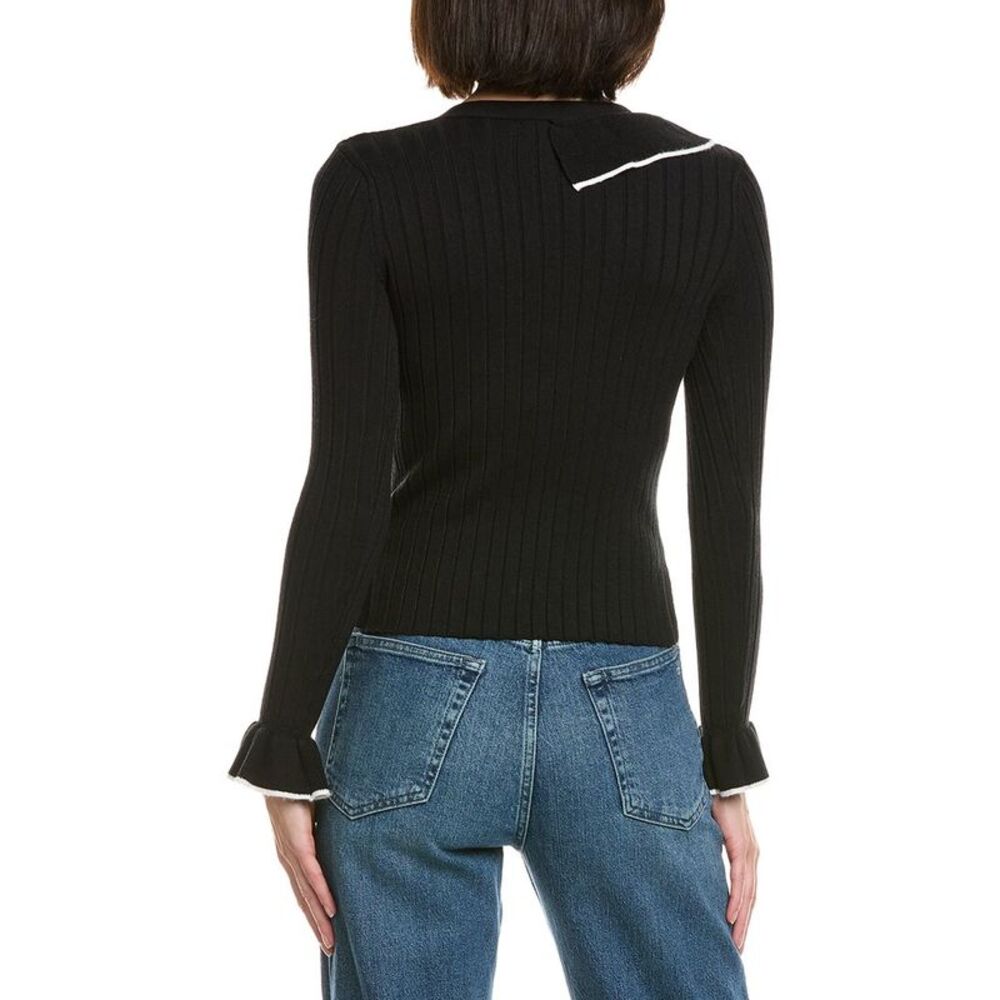 Gracia Womens Knitted Ruffle V-Neck Top, Black - Picture 2 of 3
